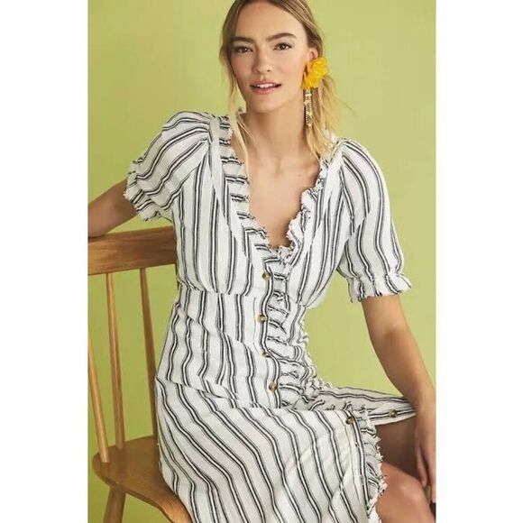 New Anthropologie Pilcro Ruffle-Collar Buttondown Dress Size 4 - Picture 1 of 10